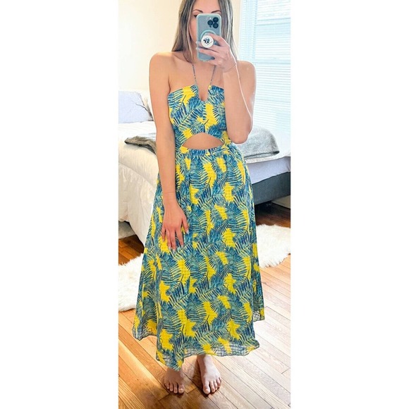 Tanya Taylor Yellow and Blue Floral Palm Print Halter Maxi Dress Size 2 - Picture 10 of 10